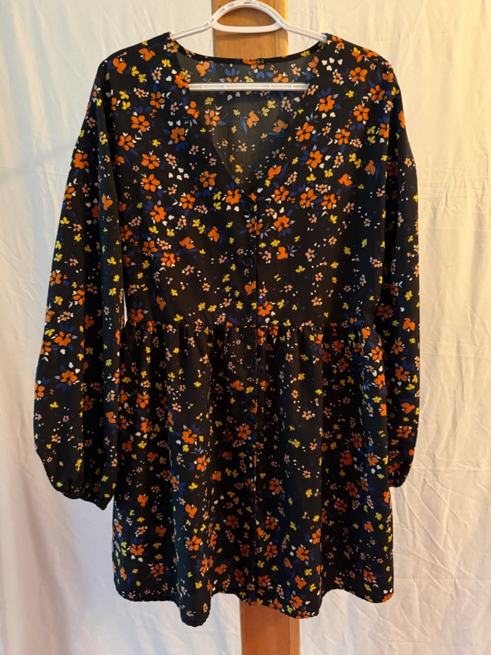 Black Floral Button-Front Babydoll Dress